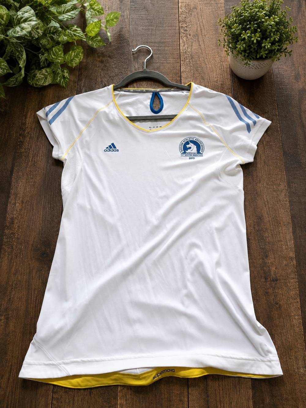Adidas White Short-Sleeve Boston Marathon Running Top with Blue Accents